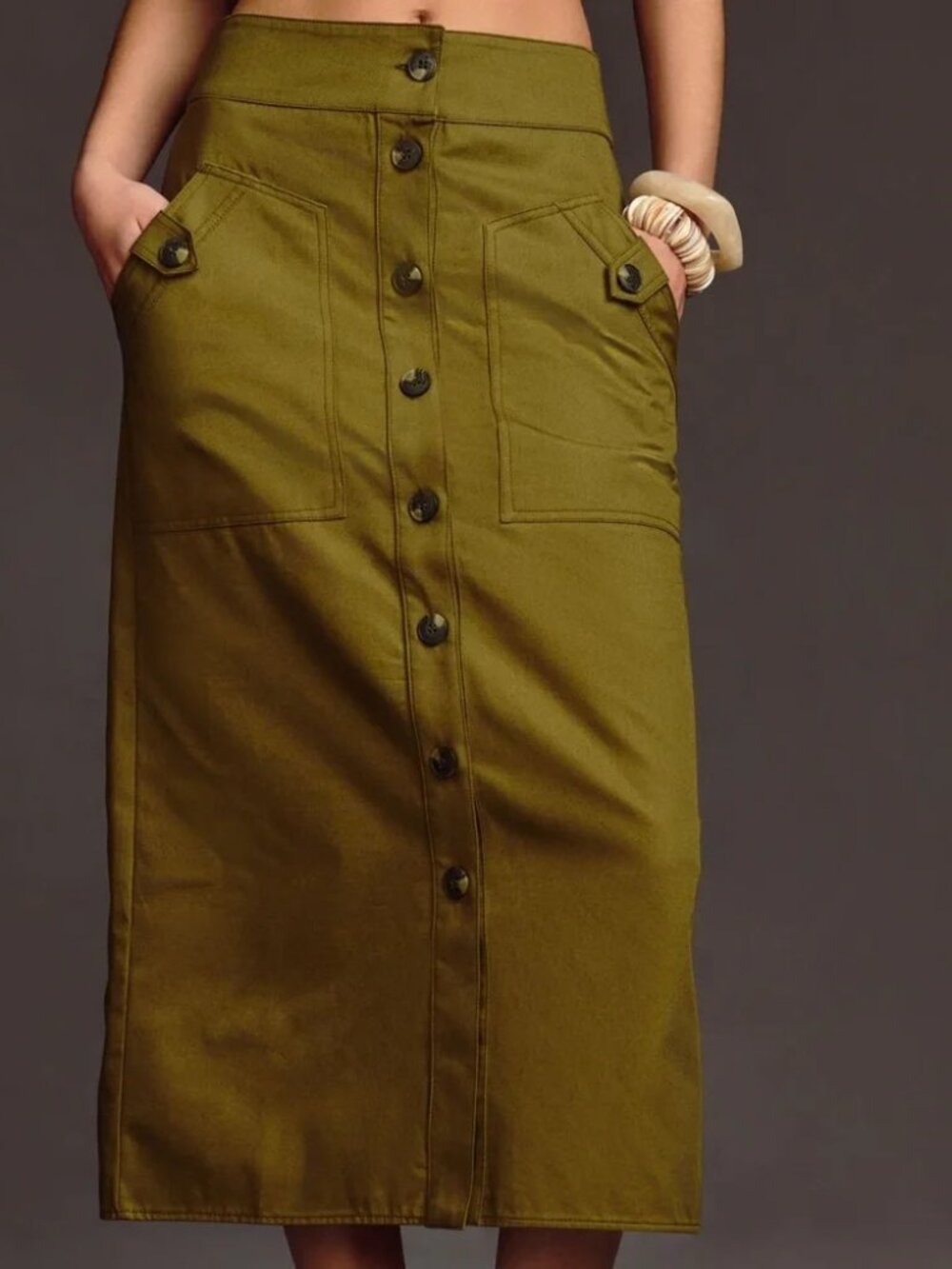 Maeve for Anthropologie Olive Green Button-Front Utility Skirt